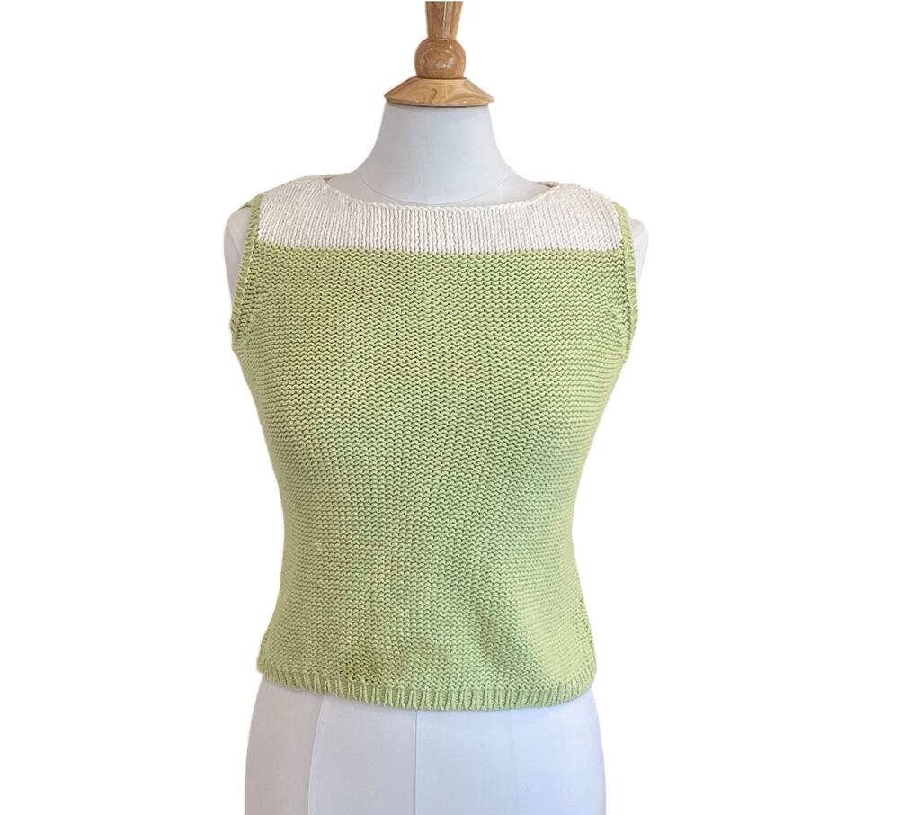 Vtg Talbots Pastel Green and Ivory Sleeveless Knit Sweater, 90s, Petite S